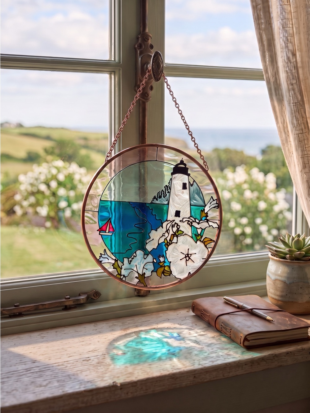 Coastal Blue Lighthouse Stained Glass Hanging
